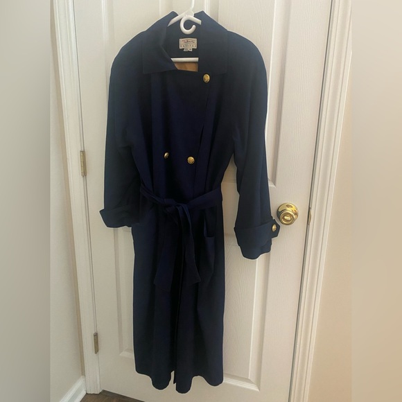 VINTAGE 90’s Talbots Navy Wool Gold Buttons Classic Trench Coat Sz 14 Petite - Picture 3 of 11